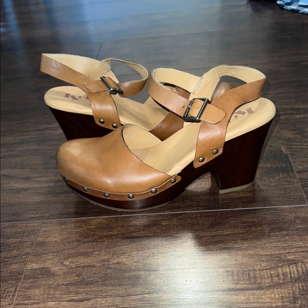 Kork-Ease Brown Leather Mules with Wooden Heel